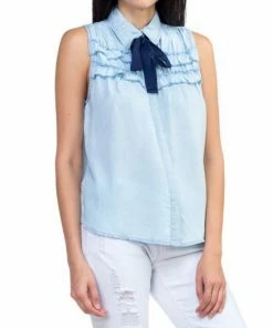 Iris Ruffle Tie Top Light Blue Short Sleeve Top