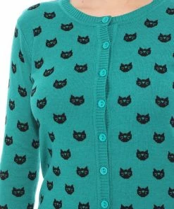 MAK-1 Face The Facts Kitty Face Cardigan Teal Sweaters & Cardigans