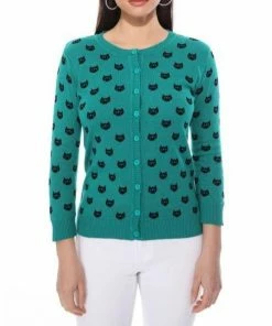MAK-1 Face The Facts Kitty Face Cardigan Teal Sweaters & Cardigans