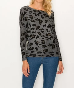 ENTI CLOTHING Knit Tops Leopard Over Sized Top Grey