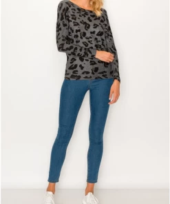 ENTI CLOTHING Knit Tops Leopard Over Sized Top Grey