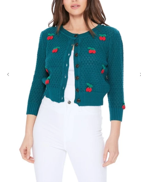 MAK-1 Cherry Embroidered Teal Cardigan Sweaters & Cardigans 6 MAK-1 Cherry Embroidered Teal Cardigan Sweaters & Cardigans