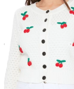 MAK-1 Sweaters & Cardigans Cherry Embroided White Cardigan