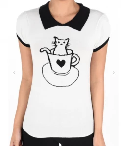 MAK-1 Cat In Cup Classic Collar White Sweaters & Cardigans