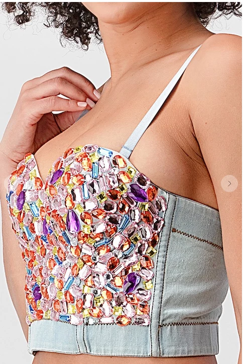 LYDIA Rhinestone Jeweled Corset Blue Denim Corsets 12 LYDIA Rhinestone Jeweled Corset Blue Denim Corsets