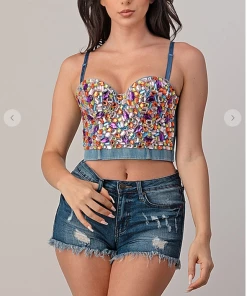 LYDIA Rhinestone Jeweled Corset Blue Denim Corsets