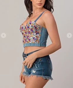 LYDIA Rhinestone Jeweled Corset Light Denim Corsets
