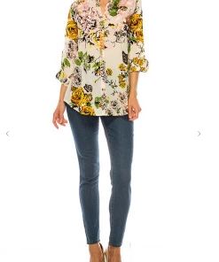 Magazine Long Sleeve Top Love Floral Ivory Button Down Top