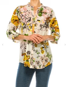 Magazine Long Sleeve Top Love Floral Ivory Button Down Top