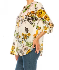 Magazine Long Sleeve Top Love Floral Ivory Button Down Top