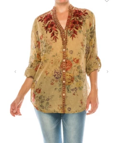 Magazine Long Sleeve Top Love Floral Bury Wood Button Down Top