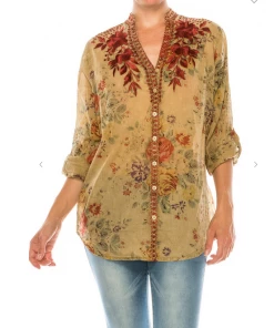 Magazine Long Sleeve Top Love Floral Bury Wood Button Down Top