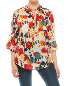 Magazine Long Sleeve Top Love Floral Ivory Multi Color Button Down Top