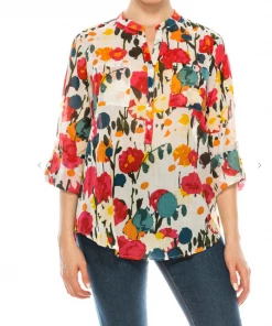 Magazine Long Sleeve Top Love Floral Ivory Multi Color Button Down Top