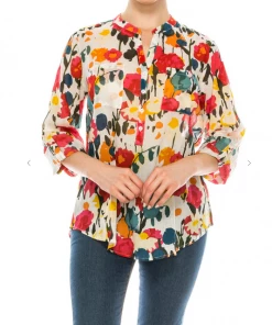 Magazine Long Sleeve Top Love Floral Ivory Multi Color Button Down Top