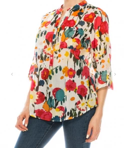 Magazine Long Sleeve Top Love Floral Ivory Multi Color Button Down Top