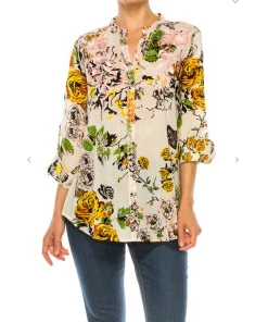 Magazine Long Sleeve Top Love Floral Ivory Button Down Top