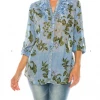 Magazine Long Sleeve Top Love Floral Light Blue & Olive Button Down Top