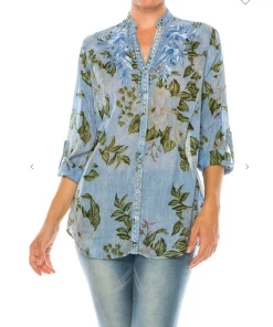 Magazine Long Sleeve Top Love Floral Light Blue & Olive Button Down Top