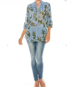 Magazine Long Sleeve Top Love Floral Light Blue & Olive Button Down Top