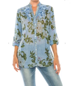 Magazine Long Sleeve Top Love Floral Light Blue & Olive Button Down Top
