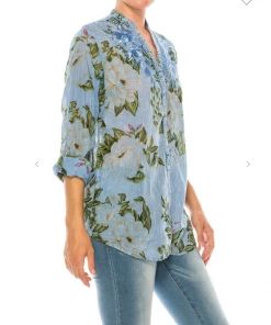 Magazine Long Sleeve Top Love Floral Light Blue & Olive Button Down Top