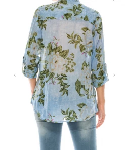 Magazine Long Sleeve Top Love Floral Light Blue & Olive Button Down Top
