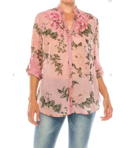 Magazine Long Sleeve Top Love Floral Pink Button Down Top