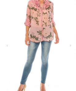 Magazine Long Sleeve Top Love Floral Pink Button Down Top