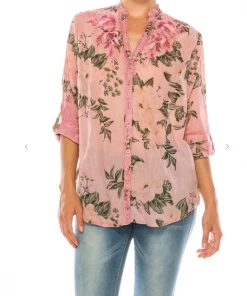 Magazine Long Sleeve Top Love Floral Pink Button Down Top