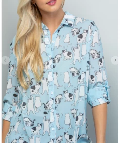 La Soul Cats At Play Button Down Top Long Sleeve Top