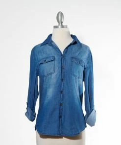 Varga Dark Denim Wash Button Down Top Long Sleeve Top
