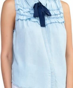 Iris Ruffle Tie Top Light Blue Short Sleeve Top