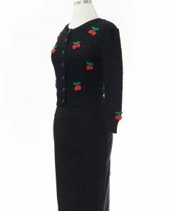 MAK-1 Sweaters & Cardigans Cherry Embroidered Black Cardigan