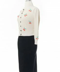 MAK-1 Cherry Embroidered Oatmeal Cardigan Sweaters & Cardigans