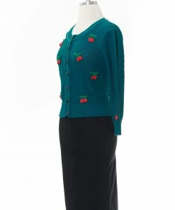 MAK-1 Cherry Embroidered Teal Cardigan Sweaters & Cardigans