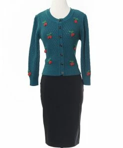 MAK-1 Cherry Embroidered Teal Cardigan Sweaters & Cardigans