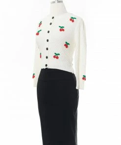 MAK-1 Sweaters & Cardigans Cherry Embroided White Cardigan