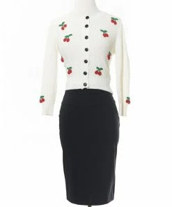 MAK-1 Sweaters & Cardigans Cherry Embroided White Cardigan