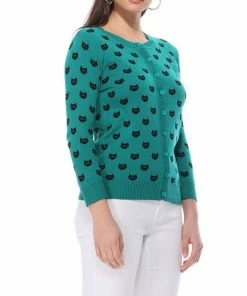MAK-1 Face The Facts Kitty Face Cardigan Teal Sweaters & Cardigans